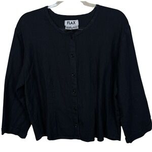 FLAX Linen Shirt‎ Medium Black 100% Linen Button Front 3/4 Sleeve Lagenlook Top
